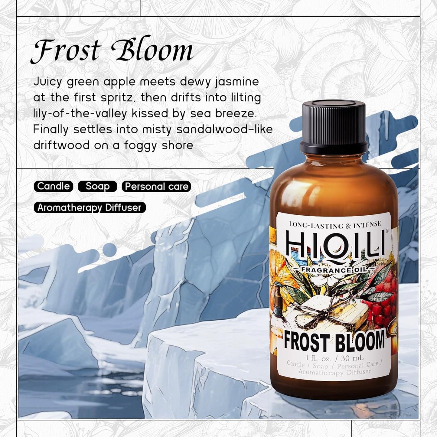 HIQILI Frost Bloom Fragrance Oil, Ocean & Lily of The Valley Scents, for Diffusers, Candles, Soap, Perfume & Hair Mist Making, Long Lasting - 1 Fl Oz