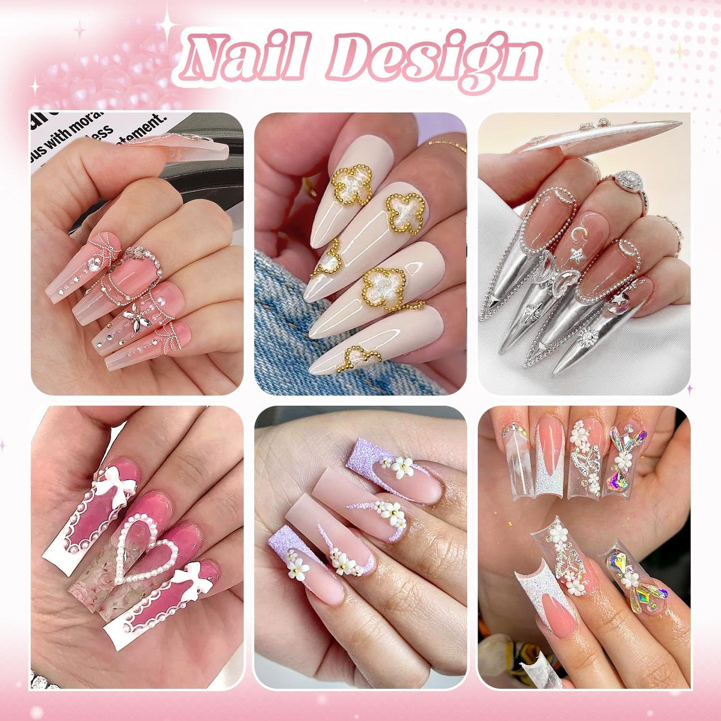 Metal Nail Beads (Silver+Gold), 3D Flowers With Rhinestones, Glue Gel for Art, Half Flatback Pearls (White), Blossom Pearl Charms and Round Caviar Beads for Manicure Decor