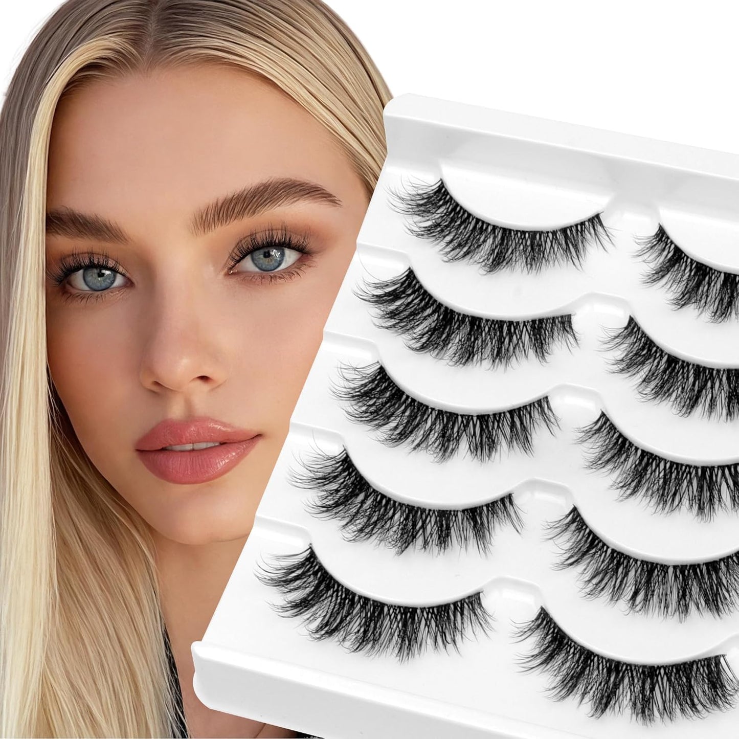 Bepholan Fales Eyelashes 7-14mm Natural Look 3D Volume Eyelashes Pack 5 Pair Soft Thin Black Band Fluffy Fake Lashes Easy to Apply(C0217)