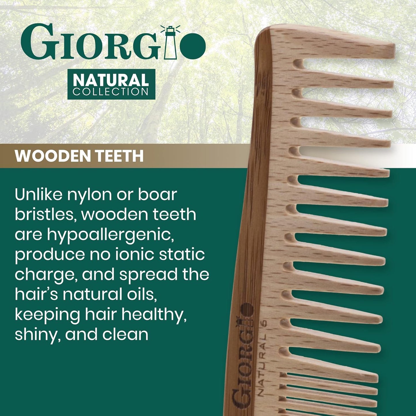 Giorgio GIONAT6 Natural Wooden Comb Hair Detangler - Half Fine Tooth and Wide Tooth Comb for Curly Hair, Bamboo and Beechwood Hair Combs for Thick Hair - Organic Wooden Hair Comb for Men and Women