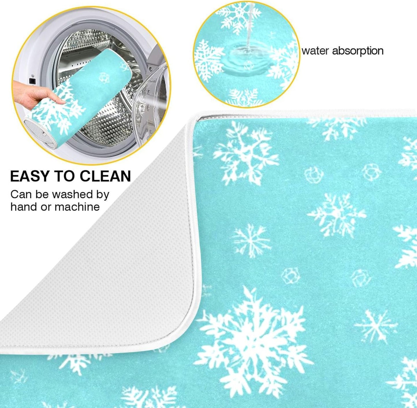Winter Snowflake Turquoise Dish Drying Mat for Kitchen Countertop 18x24 Christmas Snow Aqua Xmas Large Drying Mat Reusable Quick Dry Dish Sink Mats Easy Clean Decorative Essentials