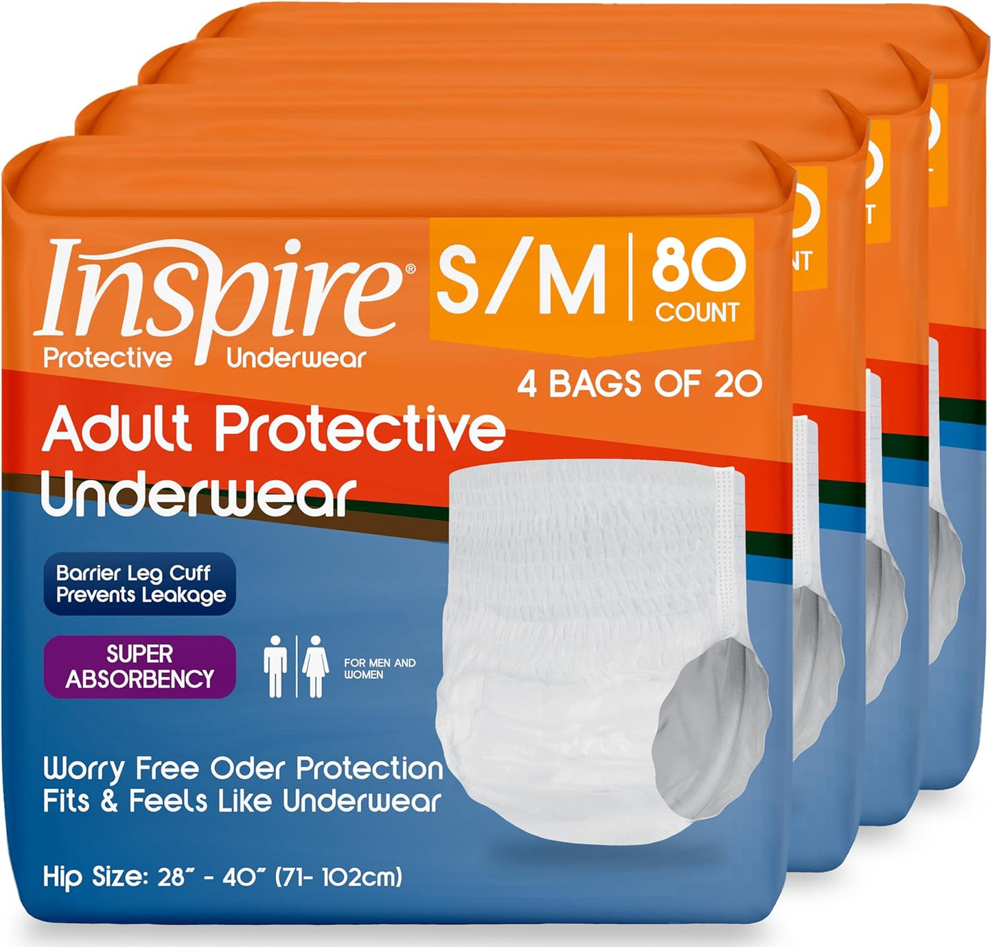 Inspire Protective Underwear for Men and Women | Adult Diapers | Bowel Incontinence Underwear for Adults | Disposable Underwear - 4 Bags of 20 | 80 Total (Small/Medium)