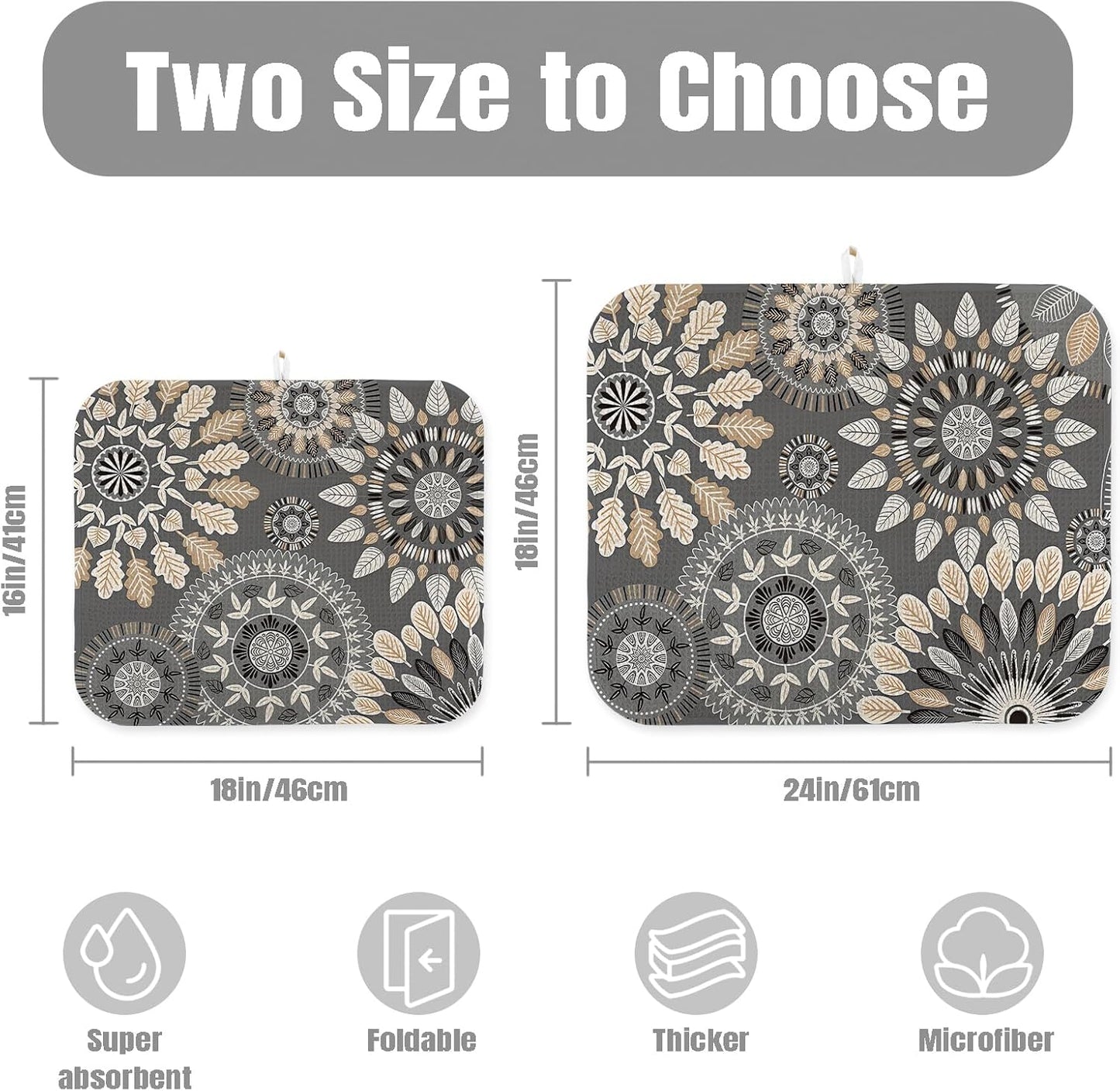 Dish Drying Mat for Kitchen Counter Large 16" x 18" Mandala Absorbent Microfiber Dishes Drainer Rack Mats Pad Reusable Washable