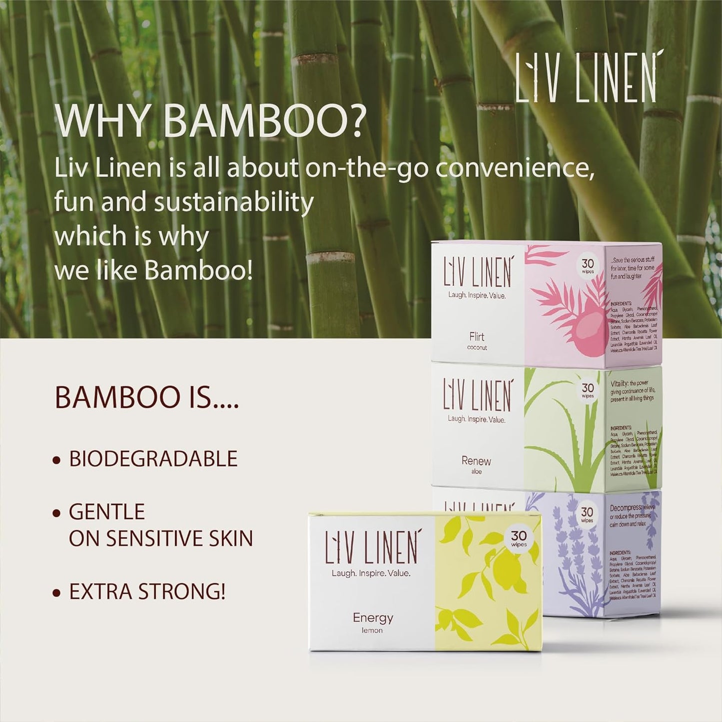 Bamboo Deodorant Wipes - 30 count - Individually Packaged - Aromatherapy Scent (Coconut)