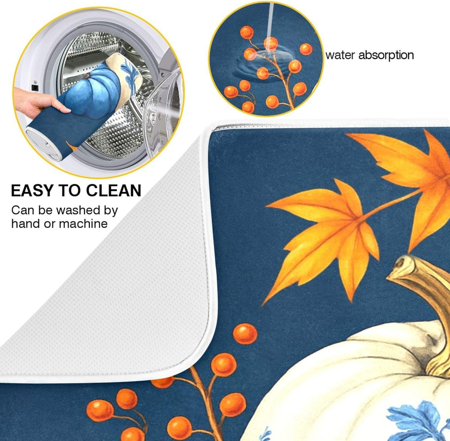 Pumpkin Porcelain Blue White Dish Drying Mat for Kitchen Countertop 16x18 Fall Maple Leaves Thanksgiving Day Small Drying Mat Reusable Quick Dry Dish Sink Mats Easy Clean Decorative Essentials