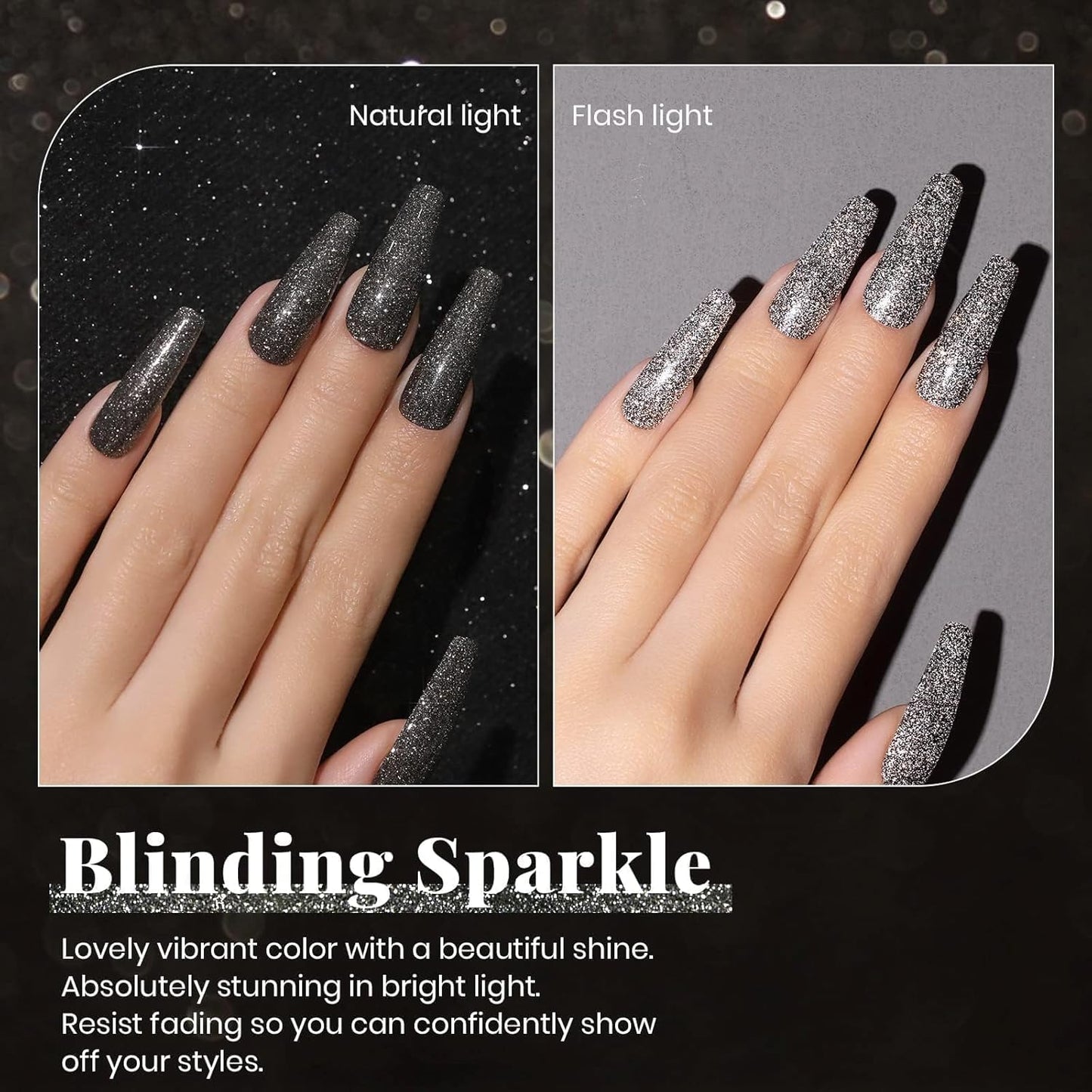 Beetles Black Gel Nail Polish, 1Pcs 15ML Glitter Gel Nail Polish Black Sparkle Reflective Shimmer Color Soak Off UV Lamp Disco Nail Art Manicure Salon DIY at Home Gifts for Her