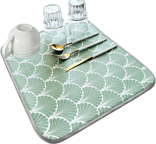 SHIYUE Dish Drying Mat for Kitchen Counter Super Absorbent Spring Kitchen Decor Microfiber Drying Matainers Rack Fast Pad Dish Drainer Mats(Green Shell Geometric,16''x18'')