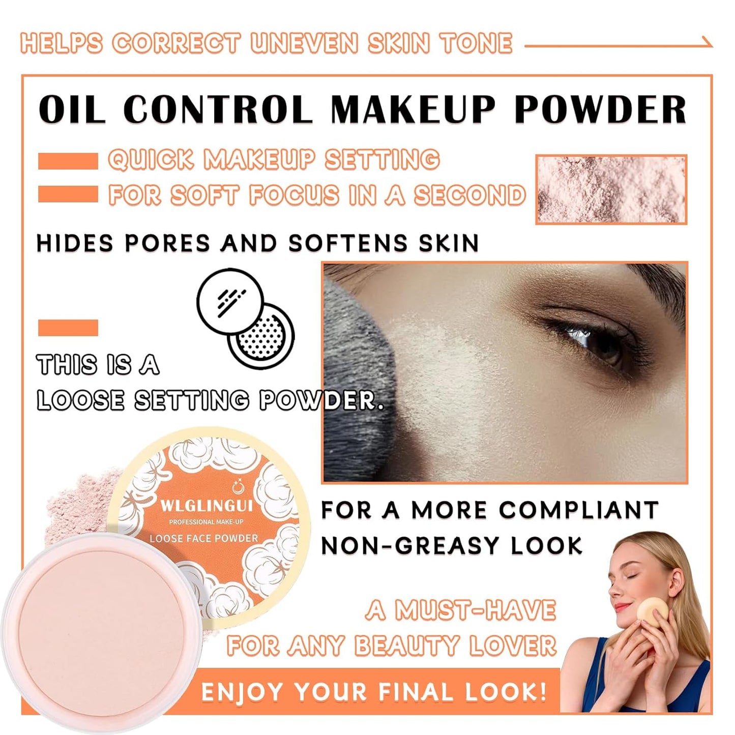 Loose Setting Face Powder Set,Oil Control Long Lasting Lightweight Setting Powder with Foundation Makeup Brushes,Soft Focus Matte Flawless Finish,Pink Complexion