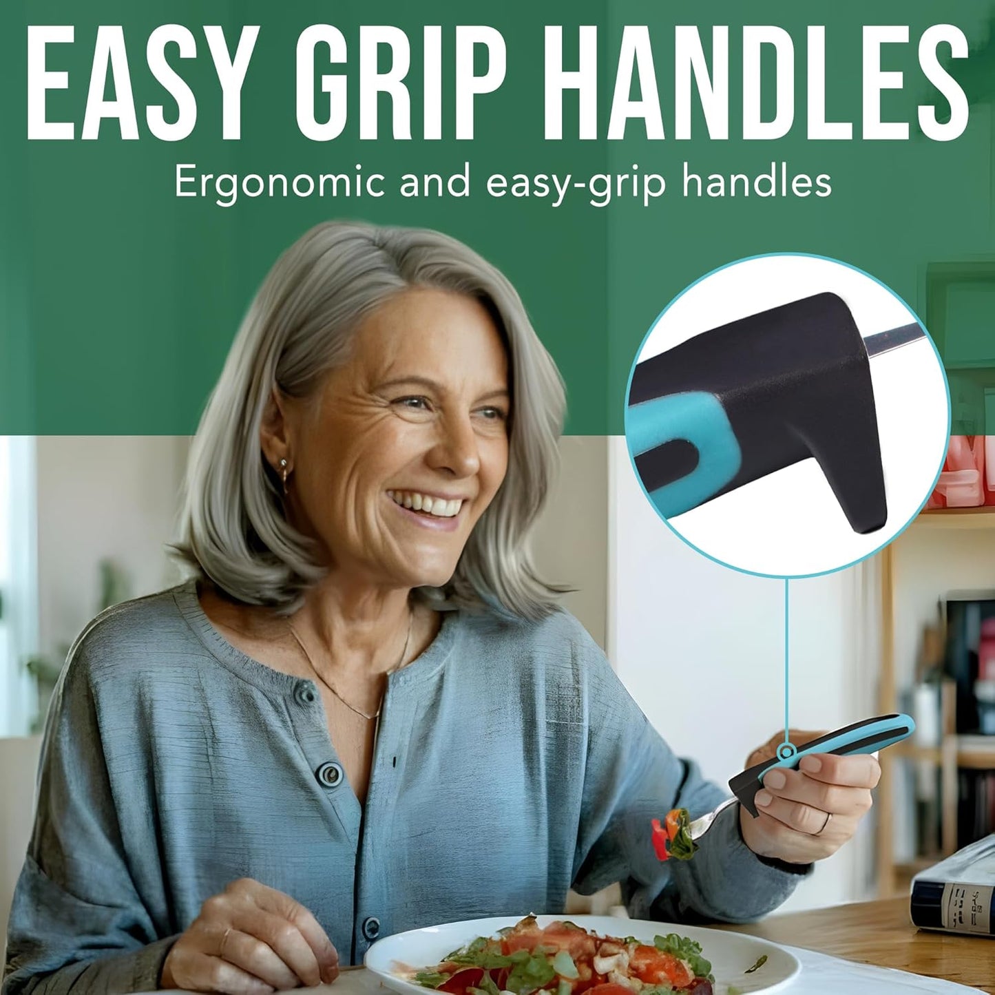 BUNMO Adaptive Utensils for Elderly, Arthritis, Weak Hand Grip, Tremors & Handicapped - Convenient Travel Pouch - 3.35oz Lightweight - Stainless Steel - Eat Independently - Adaptive Blue 4 Piece Set