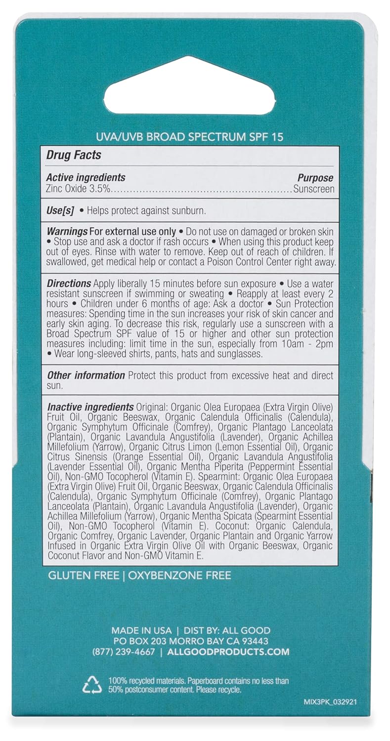 All Good Organic SPF15 Lip Balm - Hydrating Lip Care with Olive Oil, Beeswax, Calendula, Lavender, Vitamin E - Lip Moisturizer with Zinc Oxide Protection - Original, Spearmint & Coconut (9-pack)