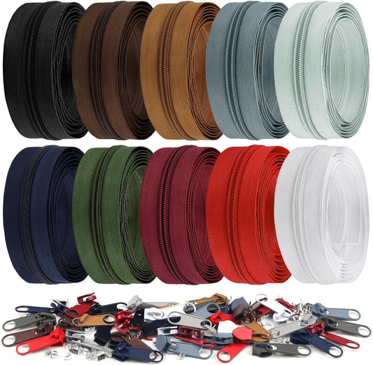 DOITEM 22.2 Yards/ 20 m 10 Pieces Assorted Colors #5 Nylon Coil Zippers, Sewing Zippers Endless Zips with 40 Pieces Zipper Sliders Zip Heads for DIY Sewing Tailor Craft Supplies