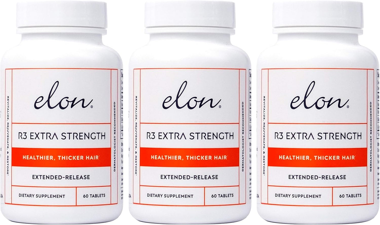 Elon R3 Extra Strength for Hair Growth - Supplements for Women to Grow Thicker, Fuller Hair, Advanced Formula with 5000 mcg Biotin Per Serving & Collagen, 60 Count (Pack of 3)