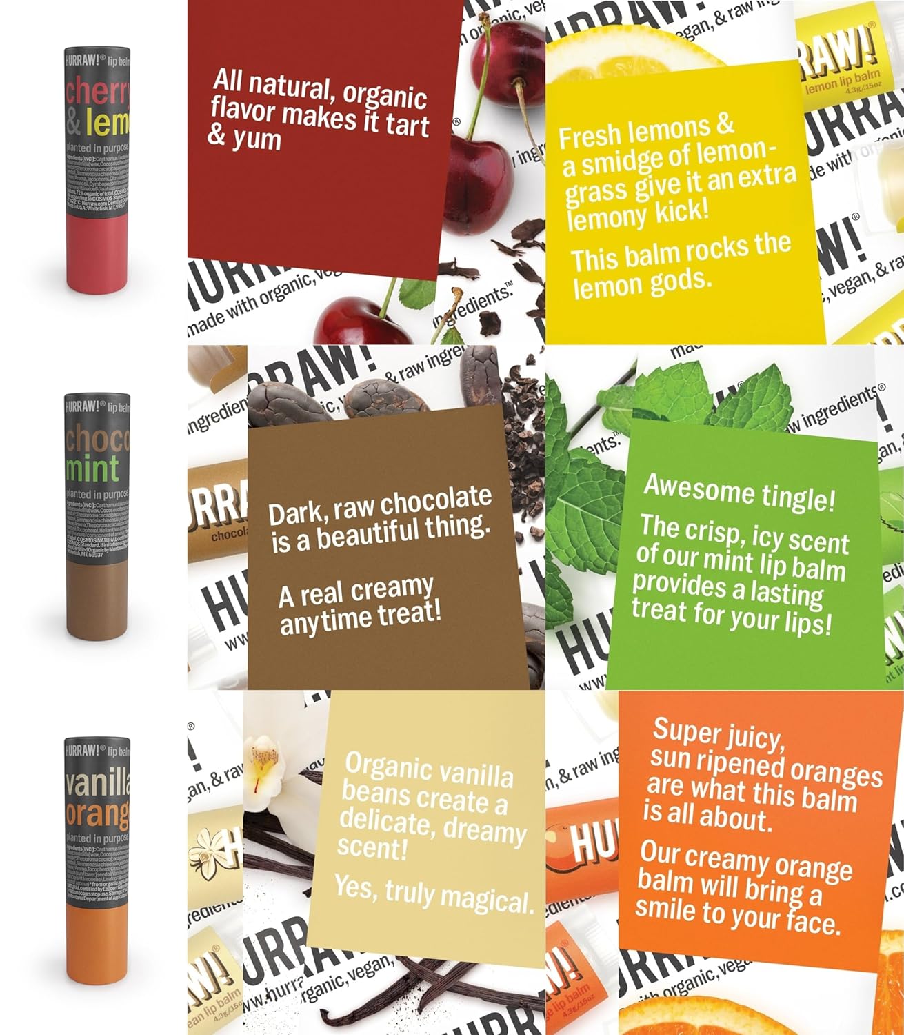 Hurraw! Cherry Lemon, Chocolate Mint & Vanilla Orange Lip Balm 3 Pack Bundle: Plastic-Free with new cardboard push-up tube. Certified Organic, Natural & Vegan. Bee, Shea, Soy & Palm Free. Made in USA