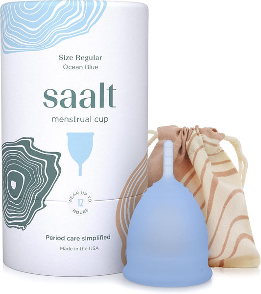 Saalt Menstrual Cup – Reusable Period Cup – Made for Comfortable, Leak-Free Protection Up to 12 Hours – BPA & Latex Free – Includes Cup & Carry Bag (Regular, Ocean Blue)