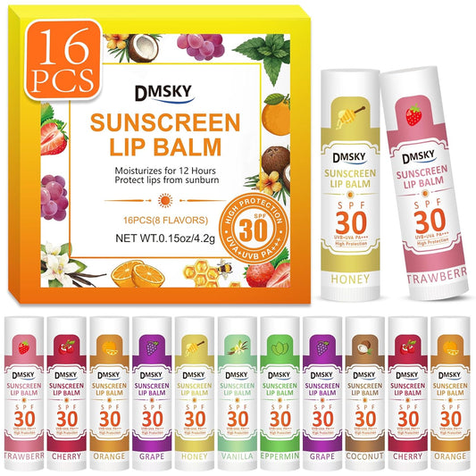 DMSKY SPF 30 Lip Balm Bulk 16 Pack, Sunscreen Lip Balm Broad Spectrum UVA/UVB Protection, Travel Size Sunscreen for Lips