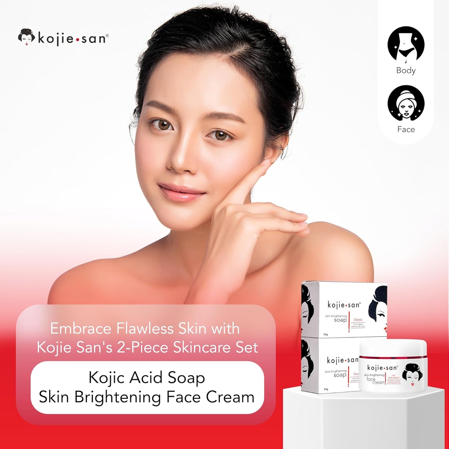 Kojie San Skincare Bundle - Facial Brightening Set with 2 Bars of Kojic Acid Soap, Face Cream & Exfoliating Face Brush