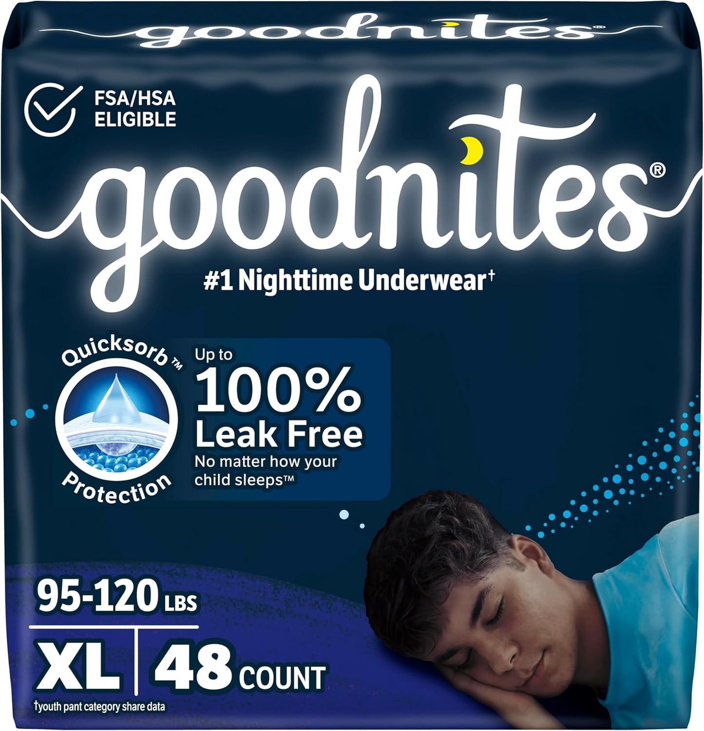 Goodnites Boys' Nighttime Bedwetting Underwear, Size Extra Large (95-120 lbs), 48 Ct (2 Packs of 24), Packaging May Vary