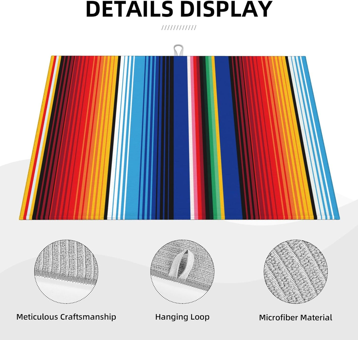 Mexican Dish Drying Mat for Kitchen Counter Rainbow Colorful Stripe Dish Drainer Rack Mats Washable Absorbent Reversible Microfiber Drying Pad Kitchen Accessories 18"x24"