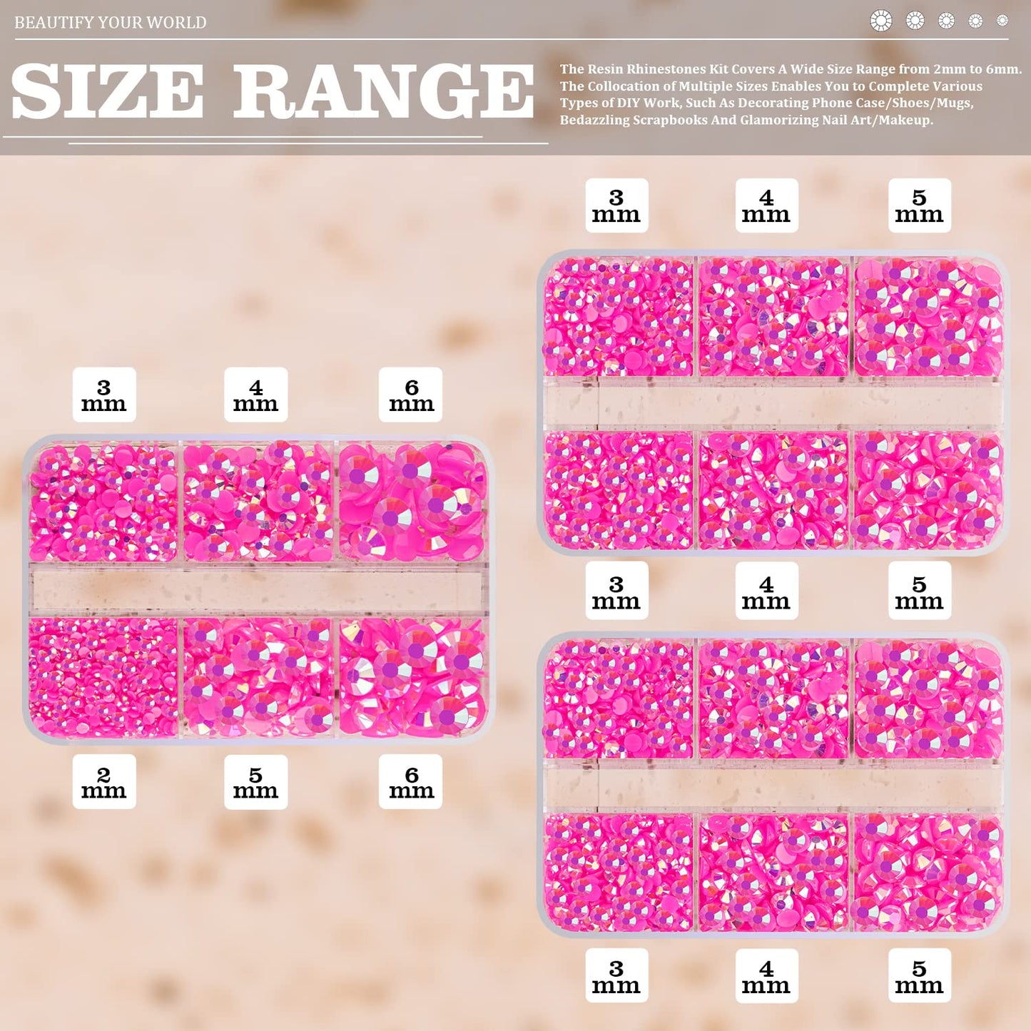 Resin Rhinestones Crafting, 2/3/4/5/6mm Flatback Jelly Rhinestones, 3 Box Hot Pink AB Non Hotfix Crystal Gems for Bedazzling Crafts Mugs Tumblers Clothes Makeup Nail