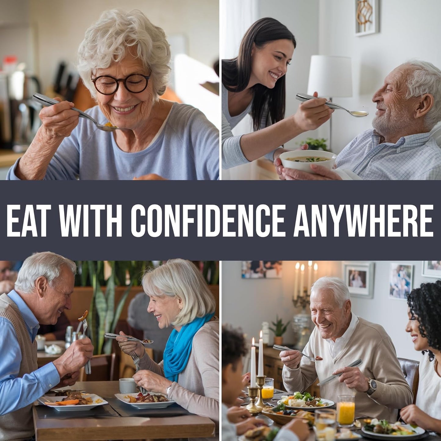 BUNMO Weighted Utensils for Hand Tremors – 4pc Adaptive Utensils for Elderly, Persons w/weak hands – Discreet Travel Wrap, Stainless Steel & Dishwasher Safe – Weighted Silverware Set