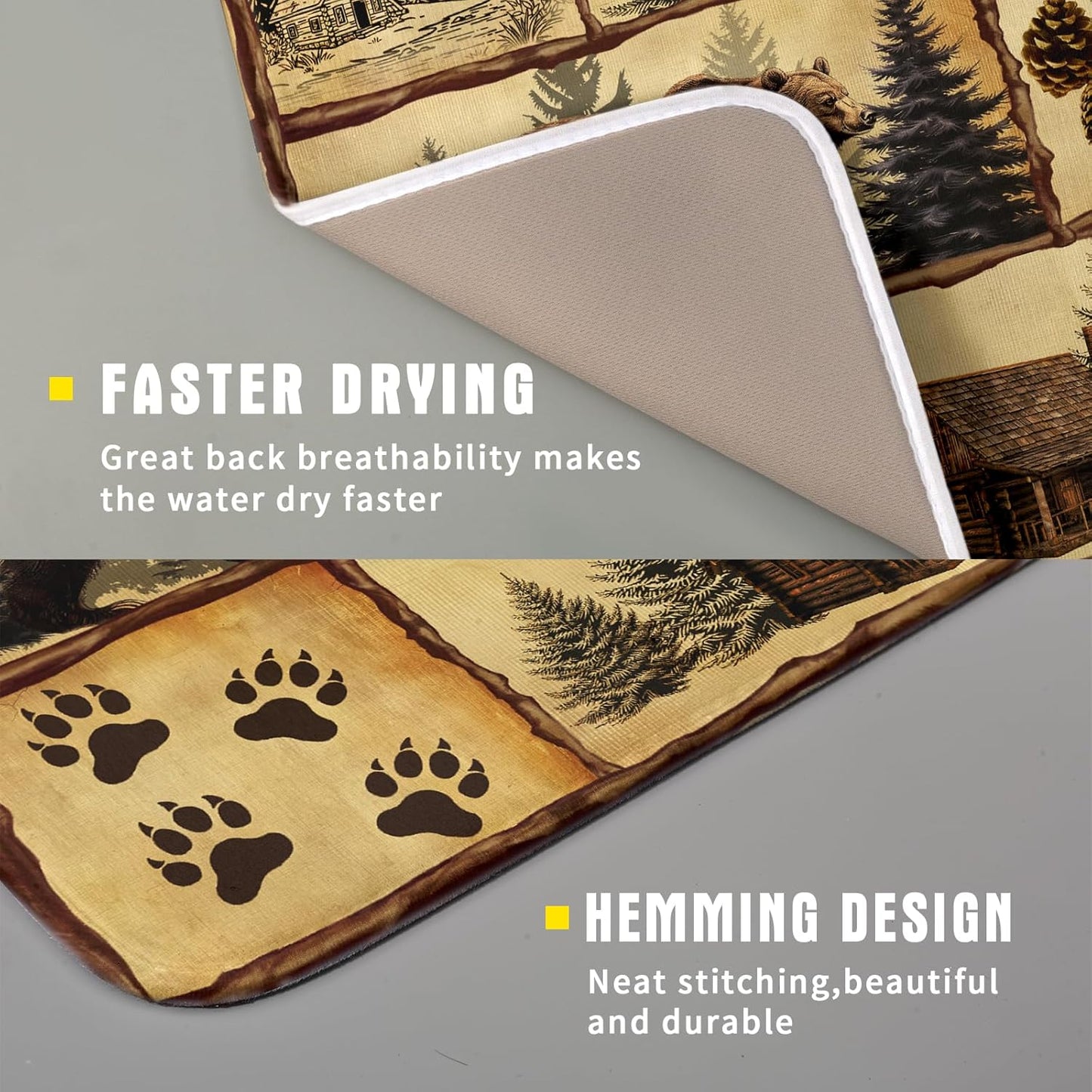 Vintage Bear Moose Dish Drying Mat 16x18 Inch Country Cabin Absorbent Dish Draining Mat Heat Resistant Drying Pad for Counter Sink Home