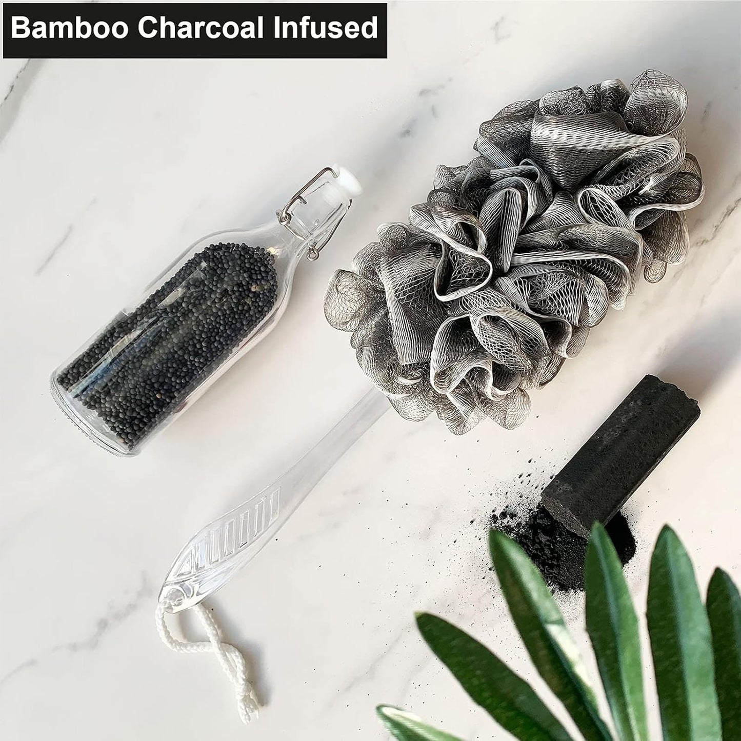 Black Charcoal Loofah for Mens - Back Loofah Scrubber with Handle - Long Handle Bath Brush - 2 Pack