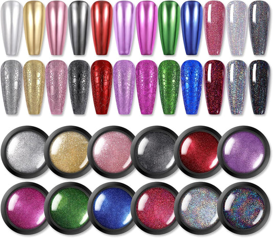 Born Pretty Mirror Chrome Nail Powder Set 12 Colors Metallic Mirror Effect Nail Powder Holographic Aurora Chameleon Pigment for Nail Art Gel Polish Mermaid Powder Decoration Sets