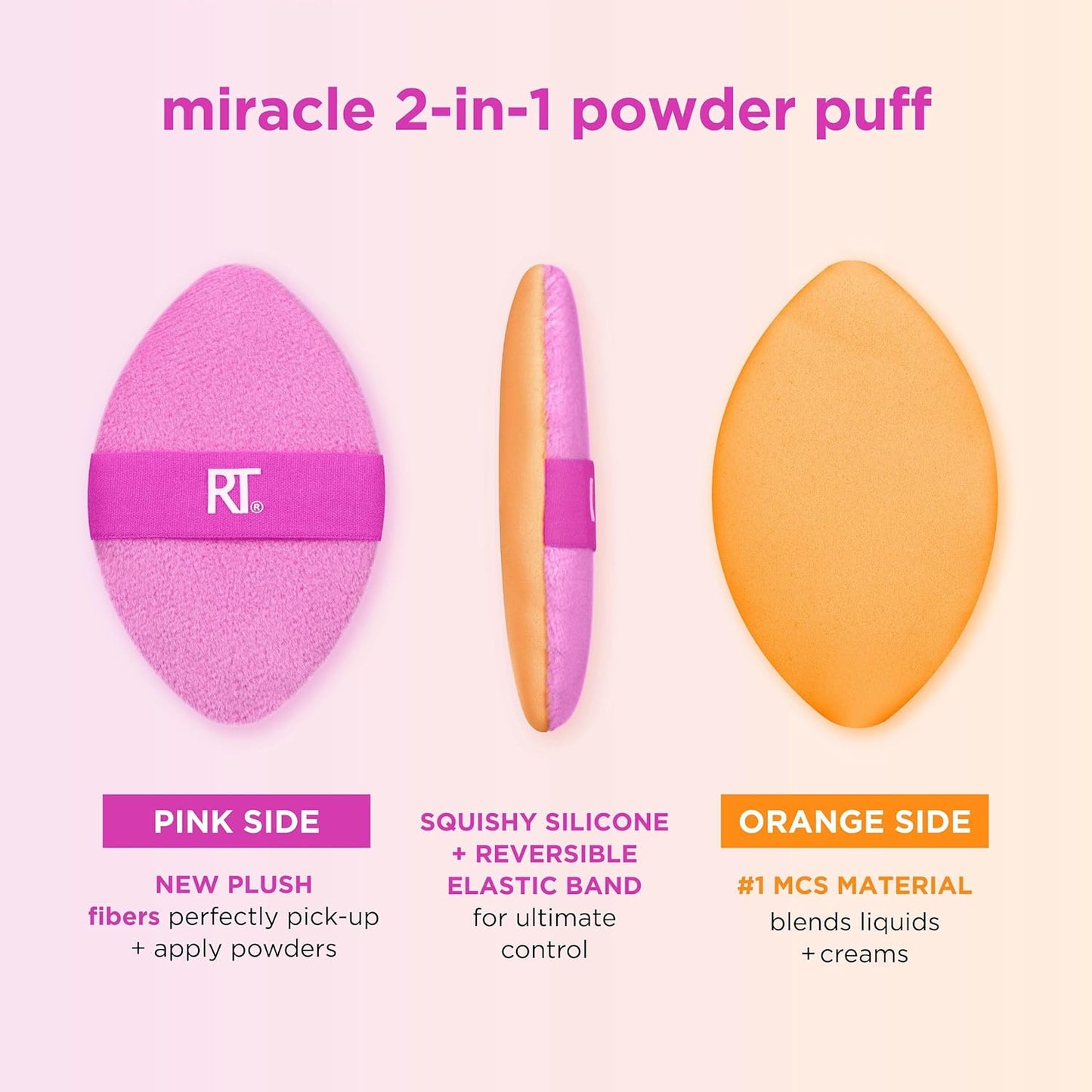 Real Techniques Miracle 2-In-1 Powder Puff 2 Pack, Dual-Sided, Full Size Makeup Blending Puff, Reversible Elastic Band, Makeup Sponge & Powder Puff, For Liquid, Cream & Powder Products, Crulety-Free