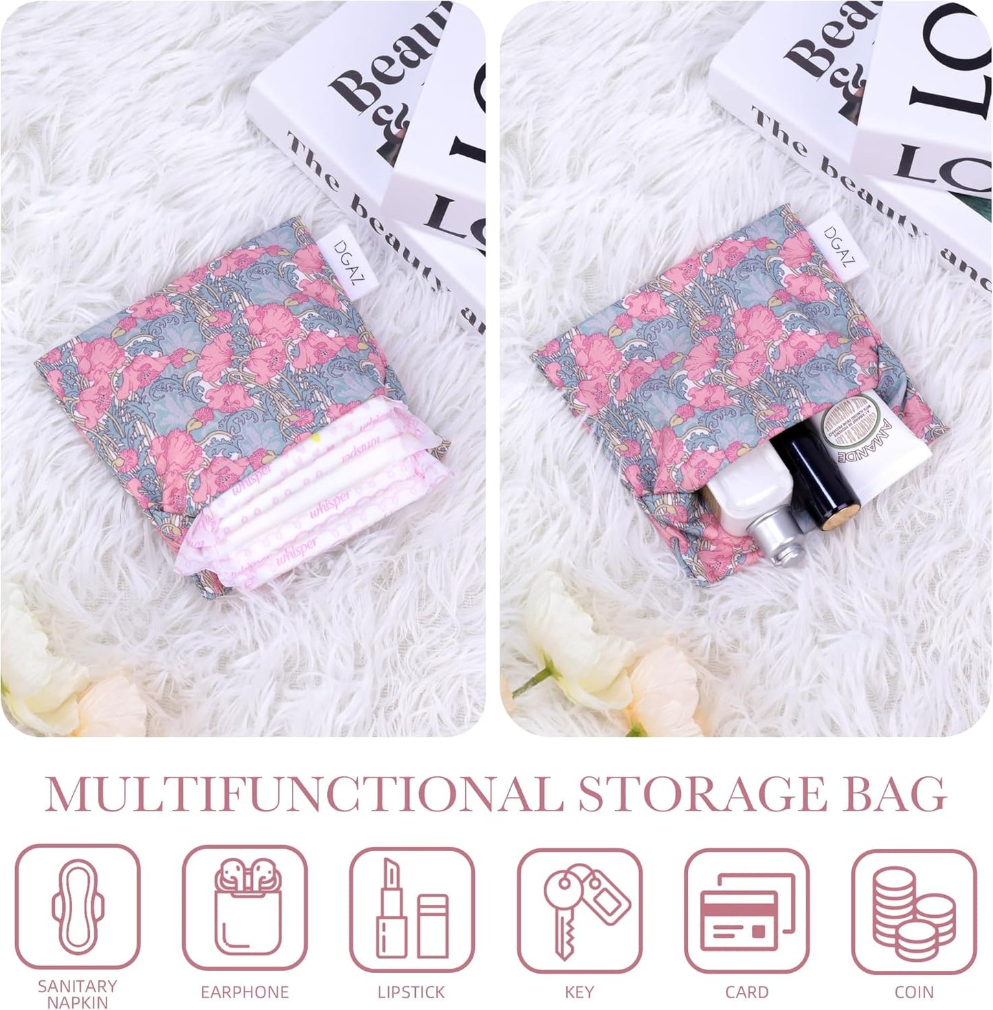 DGAZ Sanitary Napkin Storage Bag, Period Bag for Teen Aged Girls, Portable Period Bag for Panty Liners/Menstrual Cup/Small Tampons，Mini Makeup Bag for Purse