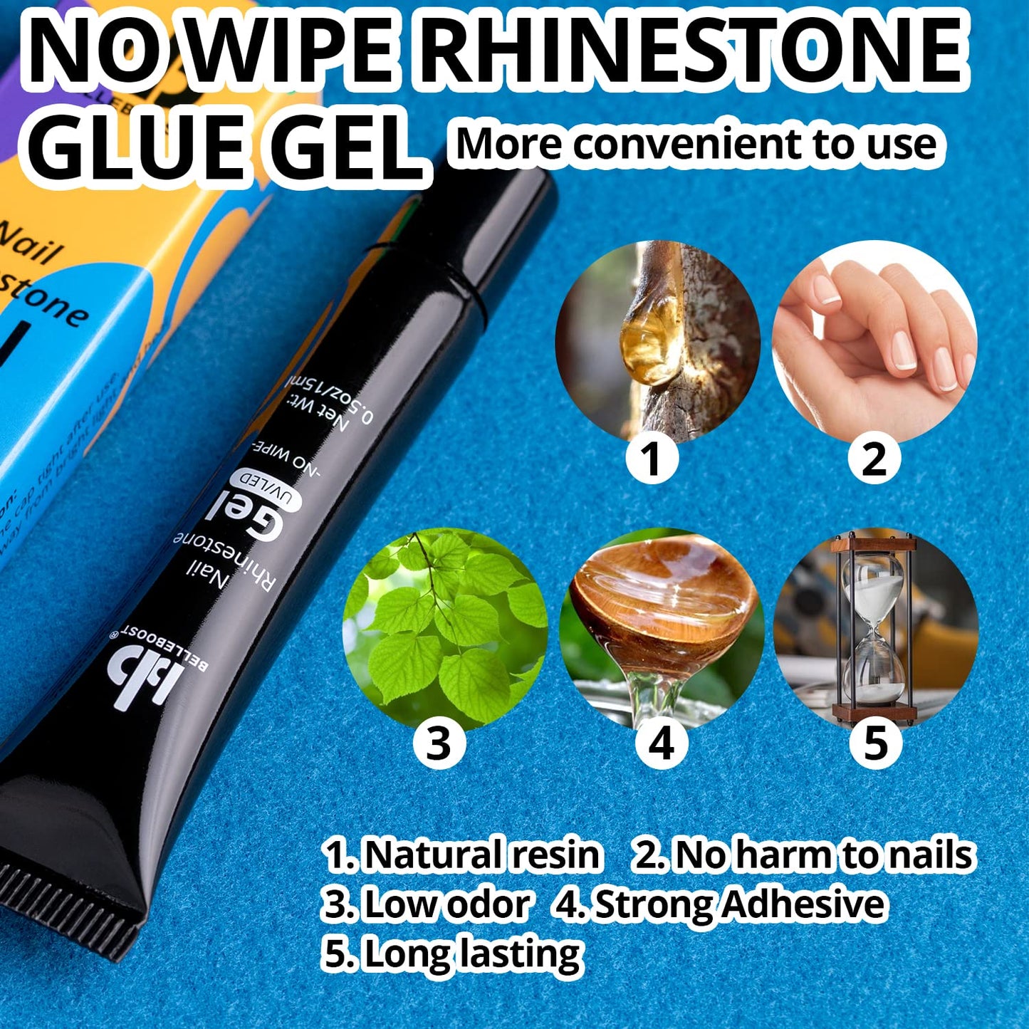 Nail Art Rhinestone Glue Gel&2 Boxes Flatback Gems Kit, 1 Tube of 15ml Rhinestone Gel Glue(UV/LED Needed)+Colorful Gems+Flat-Back Half Round White&Beige Pearls with Pickup Tools