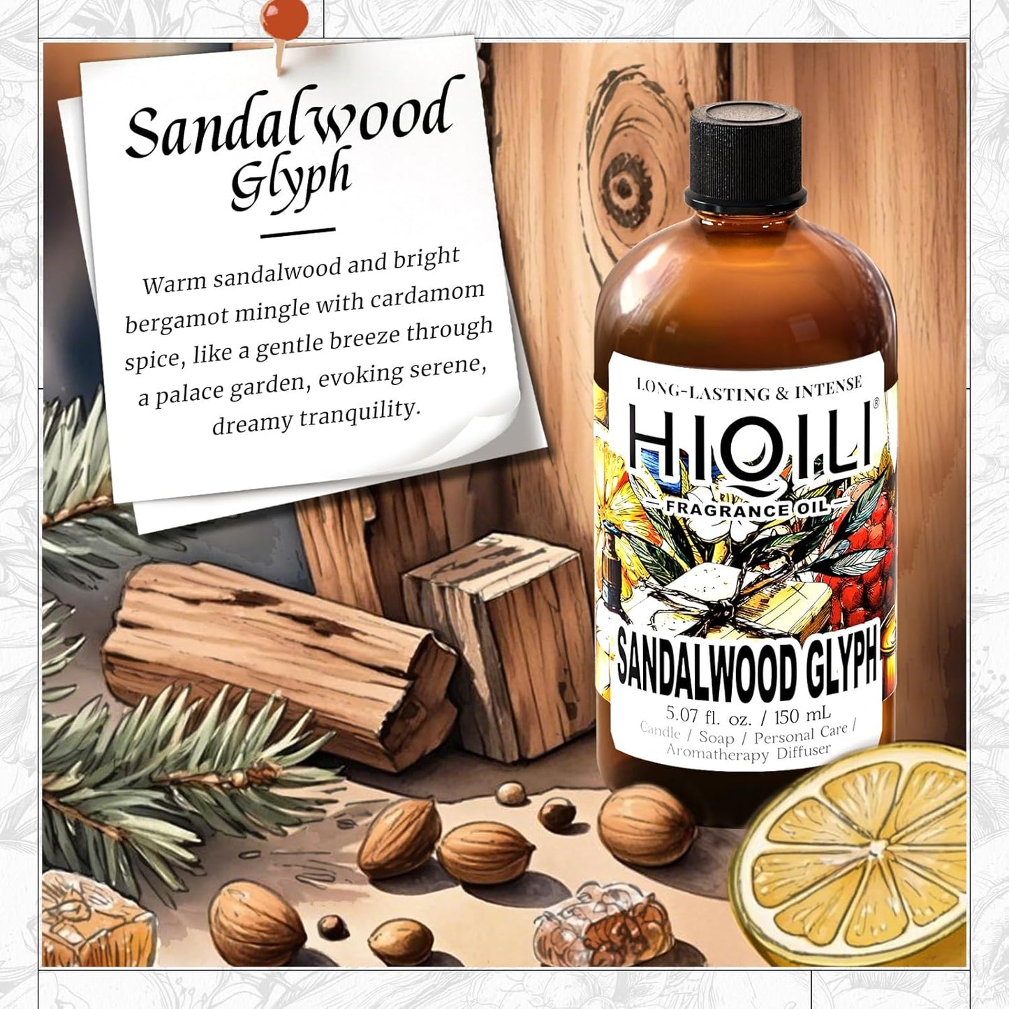 HIQILI Sandalwood Glyph Fragrance Oil for Candle & Soap Making, DIY Perfume, Essential Oil Diffuser for Home, Santal Dan Sha - 5.07 Fl Oz