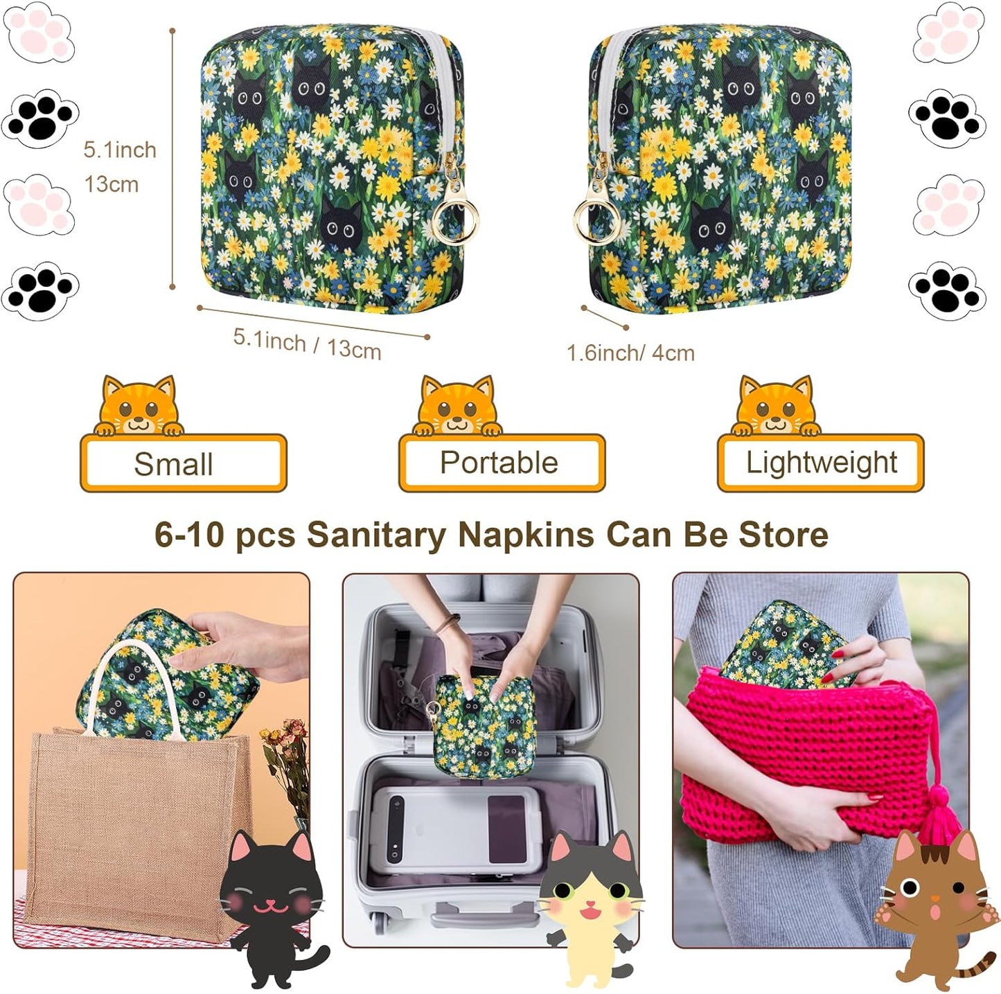 Tampon Holder for Purse, Canvas Period Bag Sanitary Napkin Storage Bag for Girls Womens, Portable Feminine Emergency Pad Period Pouch(Daisy Black Cat)