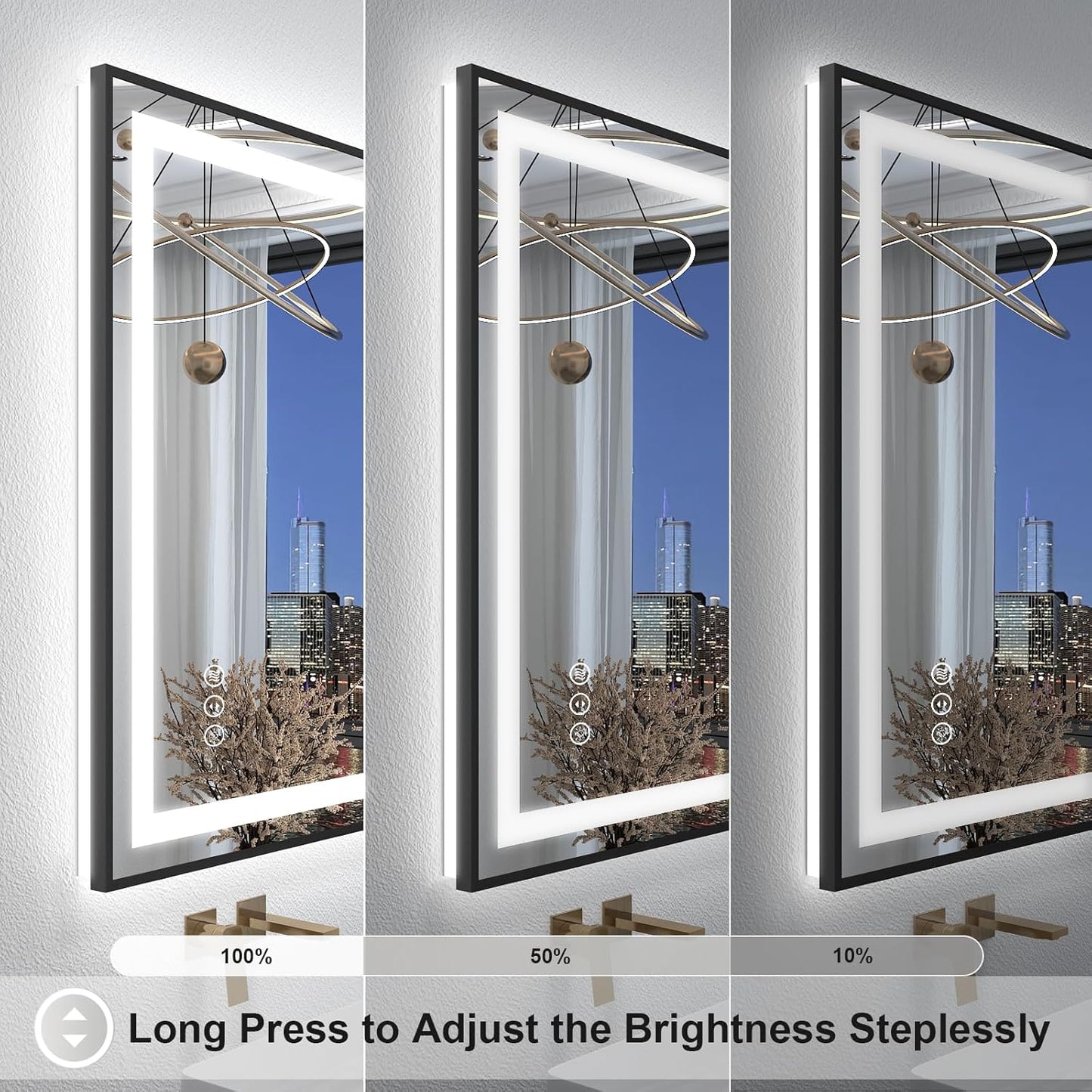 OKPAL 44x36 Lighted Bathroom Mirrors, Black Framed LED Bathroom Mirror, Defogger, Dimmable, Shatterproof, Memory, 3 Colors, ETL Listed (Front Light and Backlit)