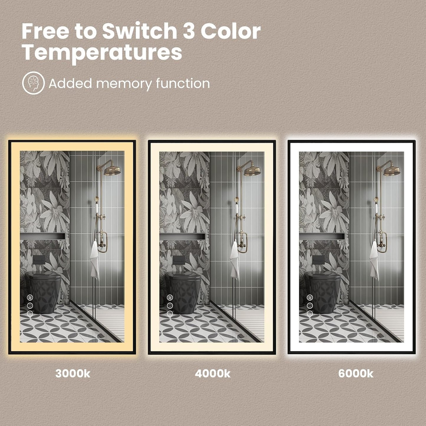 Amorho 40"x 38" LED Bathroom Mirror with Black Frame, Front Light and Backlit(Controlled Separately), Stepless Dimmable, Anti-Fog, Shatter-Proof, 3 Colors, Memory