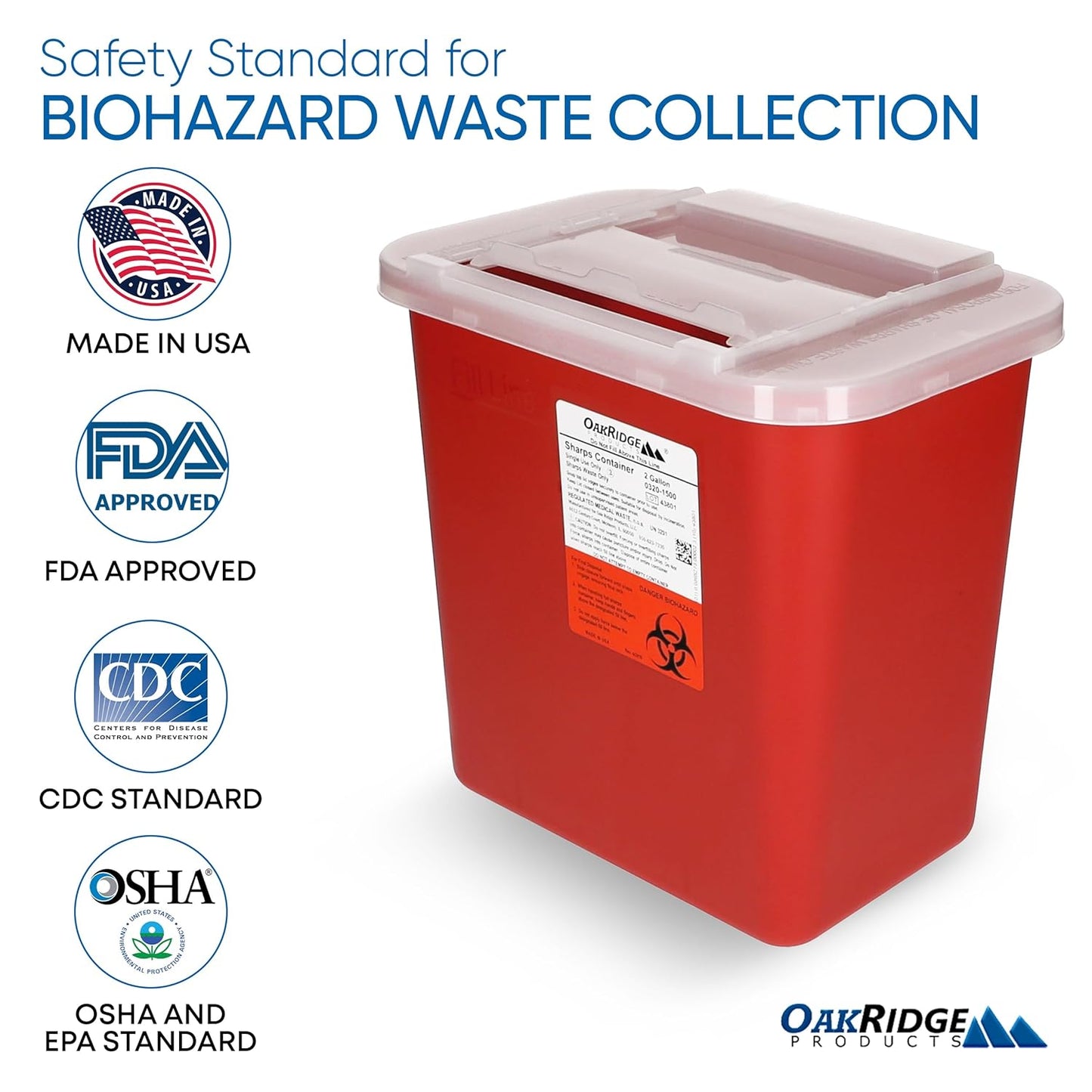 Oakridge Products Large Sharps Container for Home Use and Professional 2 Gallon (2-Pack) with Sliding Top, Biohazard Needle and Syringe Disposal, CDC Certified