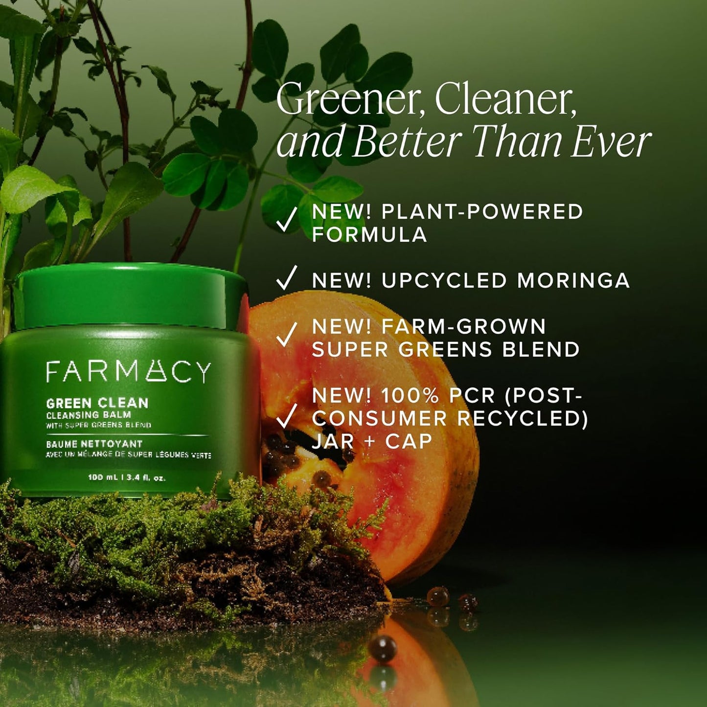 Farmacy Makeup Remover Cleansing Balm - Green Clean Waterproof Makeup Remover + Oil Based Cleanser - Newly Formulated Double Cleanser with Plant Based Waxes + Upcycled Moringa (100ml)