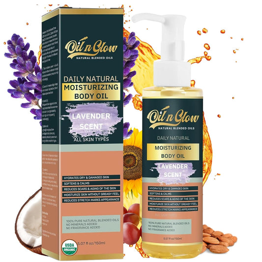 USDA Certified Organic Pure Natural Hydrating Body Oil After Shower With Coconut, Jojoba, Olive & Almond Non-Greasy Moisturizing Oil For Women & Men Dry Skin 5.07 fl oz/150ml- Lavender Scent