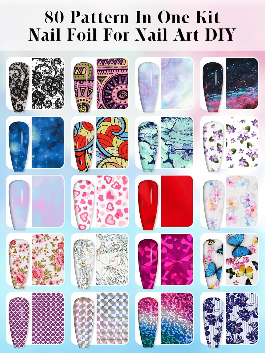 Kalolary 30ML Nail Foil Glue Gel with 80Pcs Foil Transfer Stickers Set, Holographic Nail Art Transfer Stickers DIY Decoration for Salon or Home Use