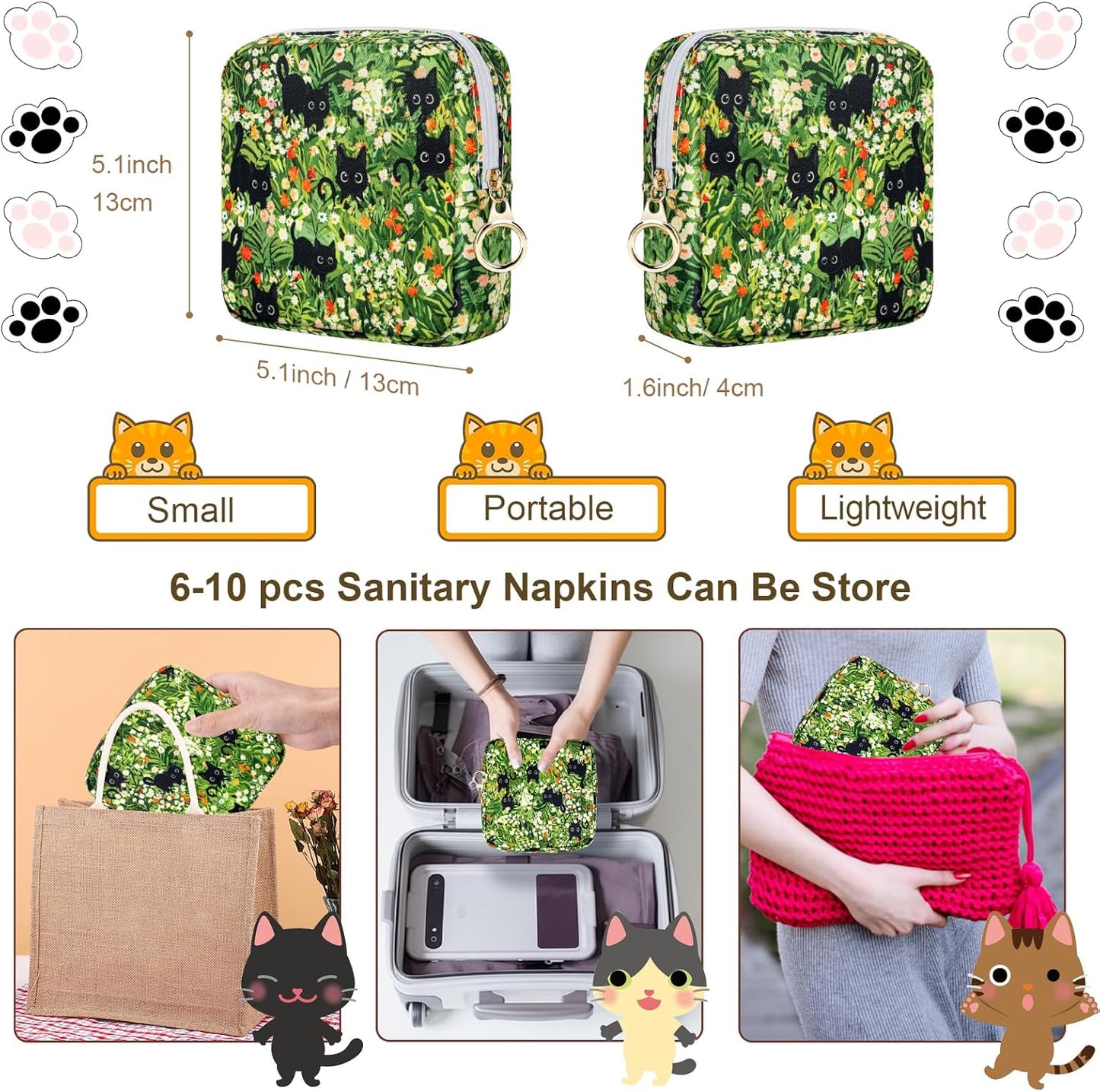 Tampon Holder for Purse, Canvas Period Bag Sanitary Napkin Storage Bag for Girls Womens, Portable Feminine Emergency Pad Period Pouch(Kitten Grass)