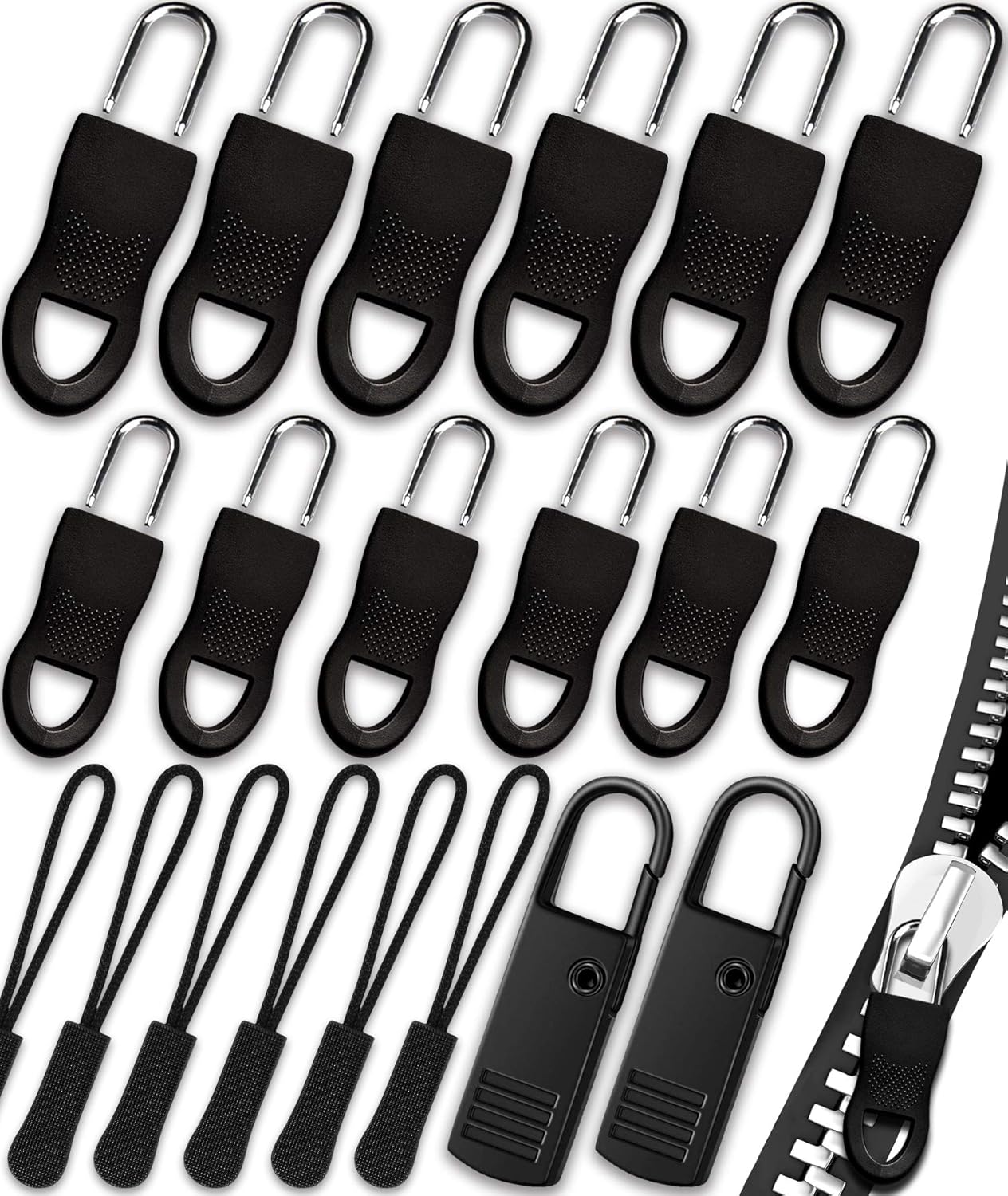 Zipper Pull, Universal Zipper Pull Replacement, Broken Replacement Zippers Pull (20 Pcs), Black Zippers Pull Handle for Jackets, Luggage, Backpacks, Purses, Boots, Pants, Tents, (3 Styles 4 Sizes)