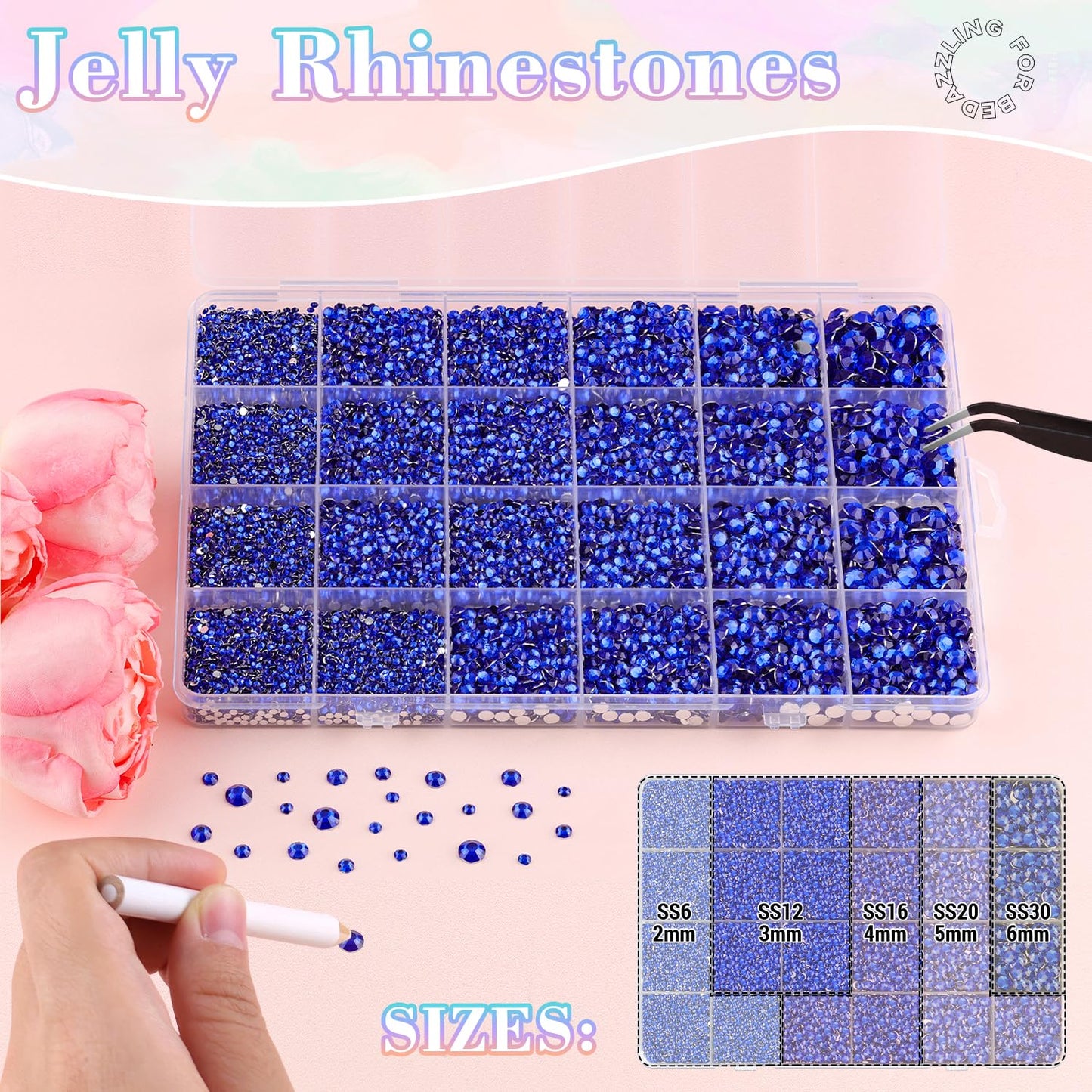 25000Pcs Resin Rhinestones with B7000 Jewelry Glue for Crafting, Royal Blue 2-6mm Non Hotfix Flatback Gems, Bedazzling Crystal for DIY Crafts Clothing Tumblers Mugs Shoes Fabric Decor Nail Art