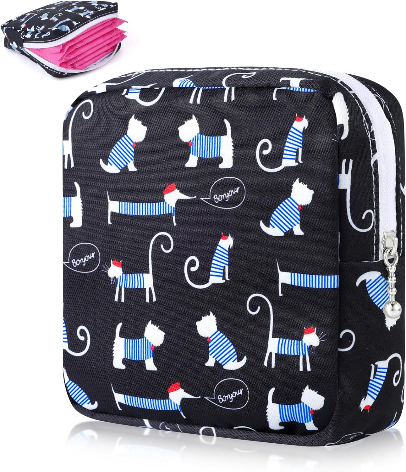 Desing Wish Sanitary Pad Storage Bag Portable Period Bag for Teen Pads/Sanitary Napkins/Small Tampons, Sanitary Napkin Storage Bag First Period Gifts for Teen Girls (Blue Striped Dog)