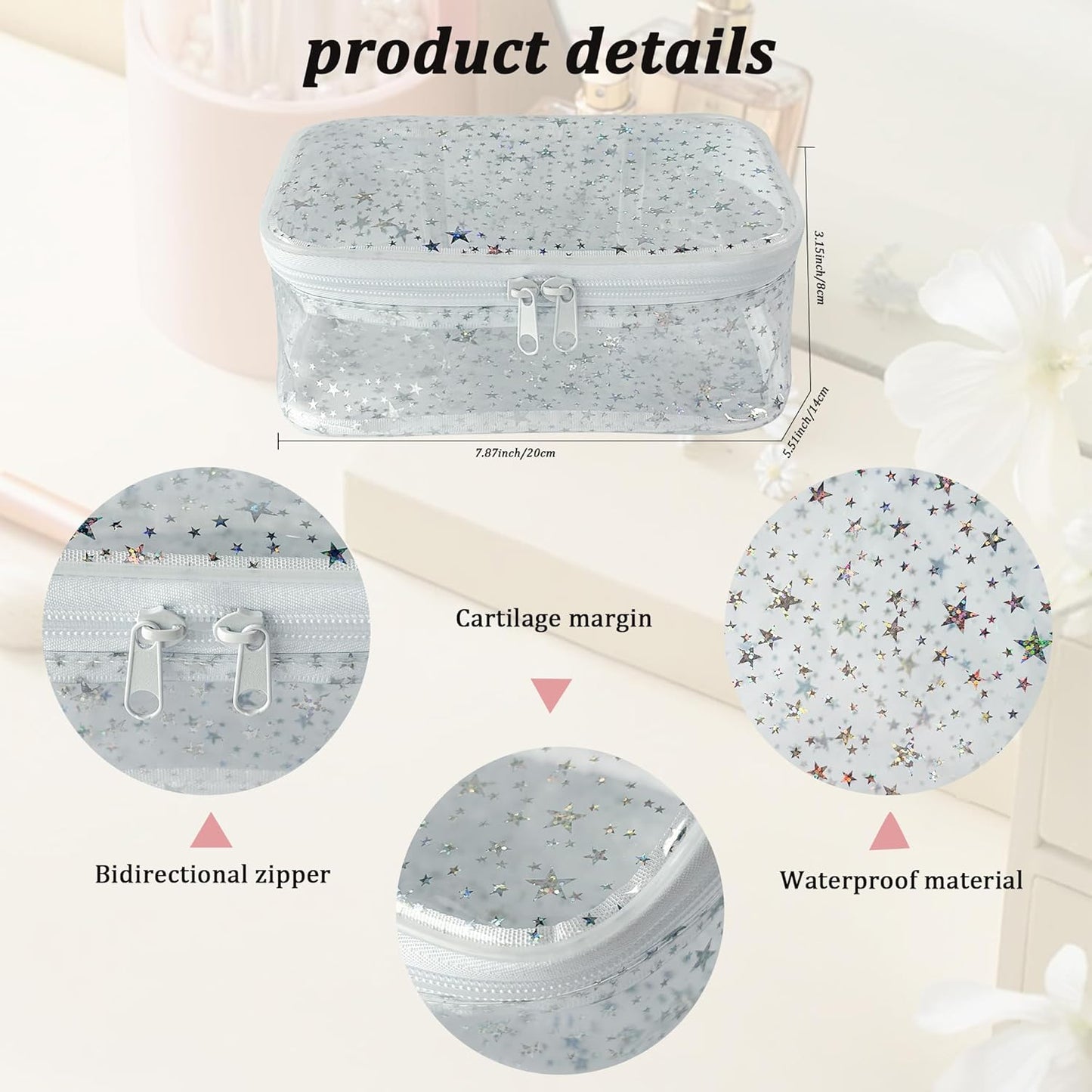 Holographic Makeup Bags Bulk,Clear Storage Bag Toiletry Pocket Portable Zippered Iridescent Pouch Waterproof Cosmetic Gift Bags for Women (White)