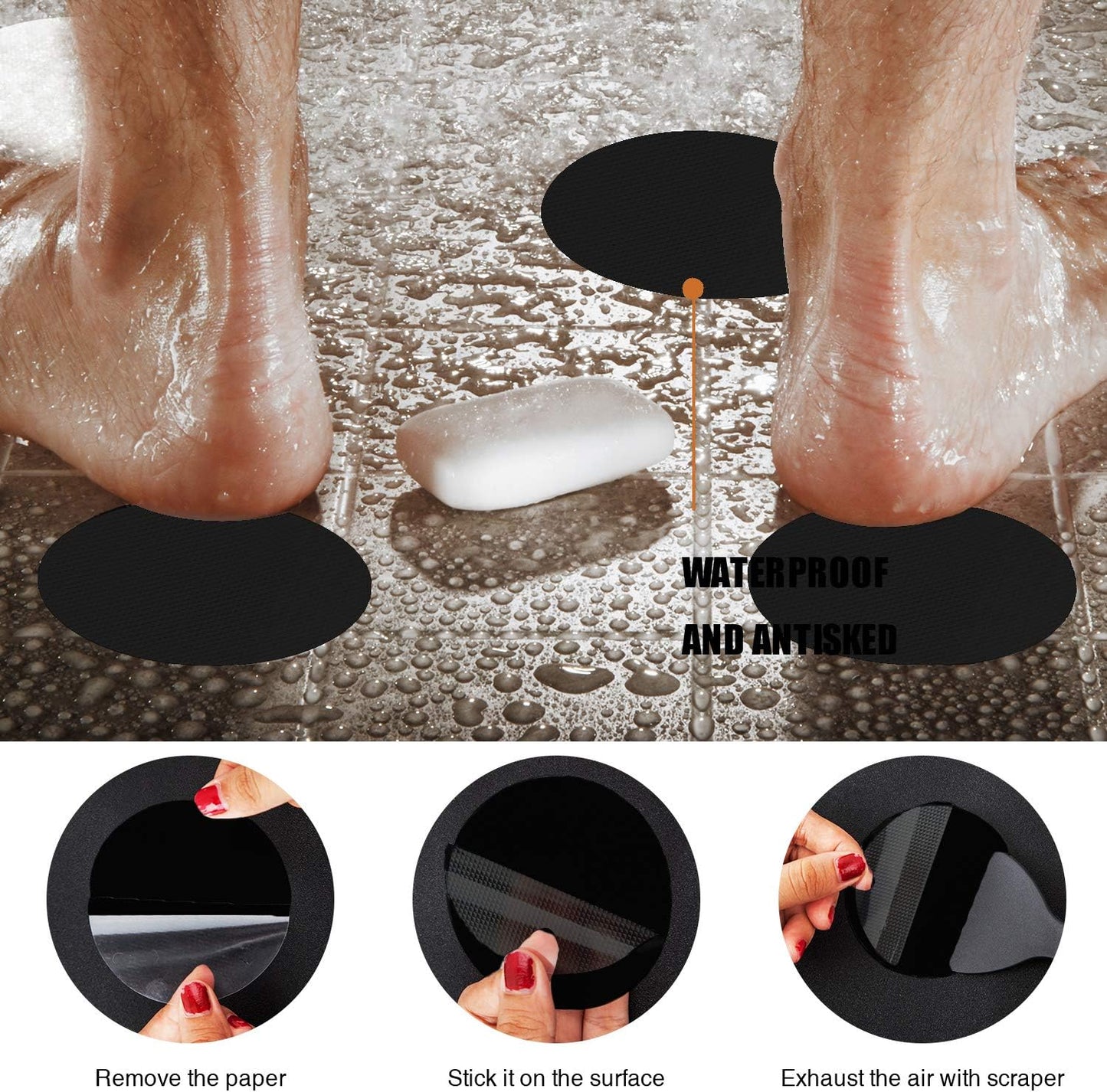 Non-Slip Bathtub Stickers, 24 PCS Safety Bathroom Tubs Showers Treads Adhesive Decals Scraper (Black)