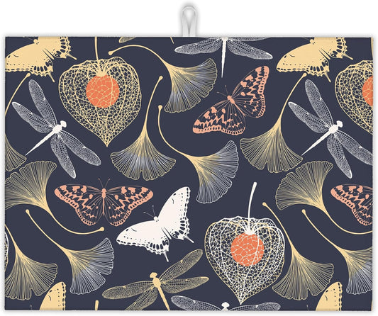 Ginkgo Leaves Dish Drying Rack Mat for Kitchen Counter,Dragonfly Butterfly Dish Drying Pad Absorbent Reversible Microfiber Protector for Coffee Bar Sink Countertops 18x24 Inch
