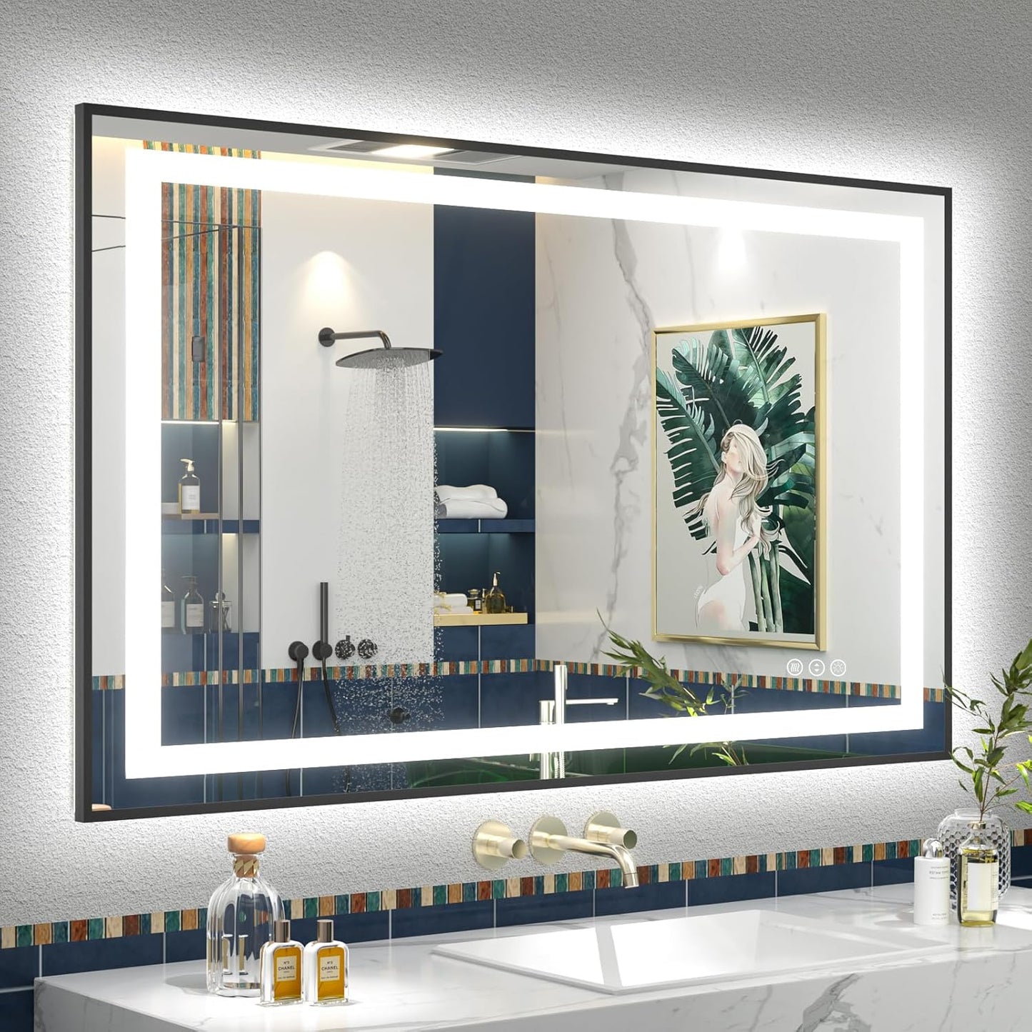 OKPAL 44x32 LED Bathroom Mirror, Lighted Bathroom Mirror with Black Frame, Lighted Vantiy Mirror for Bathroom, Defogger, Dimmable, Shatterproof, Memory, ETL Listed (Front Light and Backlit)