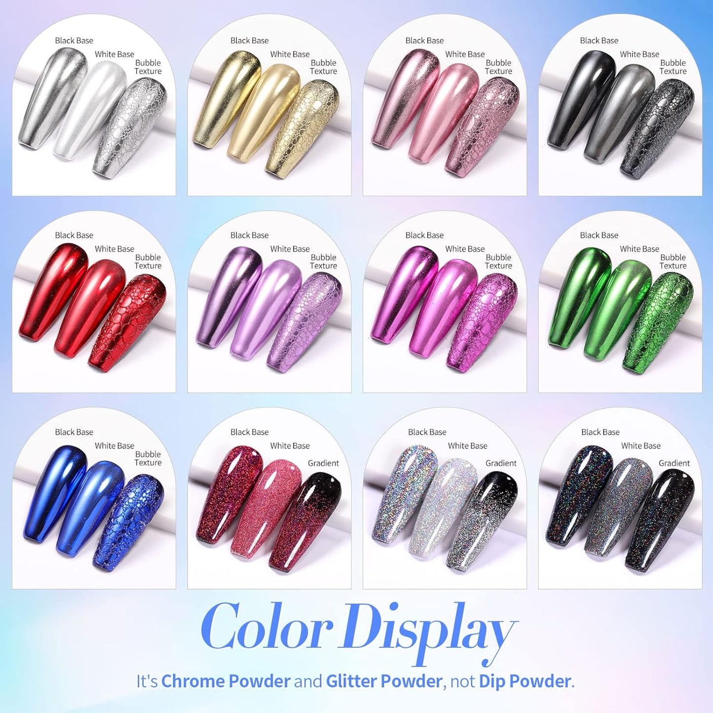 Born Pretty Mirror Chrome Nail Powder Set 12 Colors Metallic Mirror Effect Nail Powder Holographic Aurora Chameleon Pigment for Nail Art Gel Polish Mermaid Powder Decoration Sets