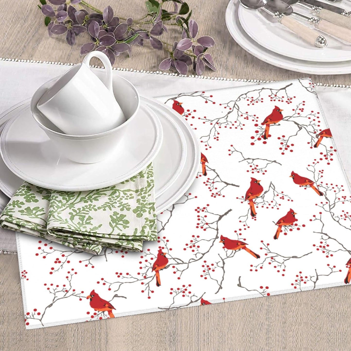 Cardinal Bird Red Berry Decor Kitchen Drying Mat Cute Microfiber Dish Drainer Mat for Kitchen Counter Absorbent Reusable Washable Home Holiday Decor 16x18 Inch