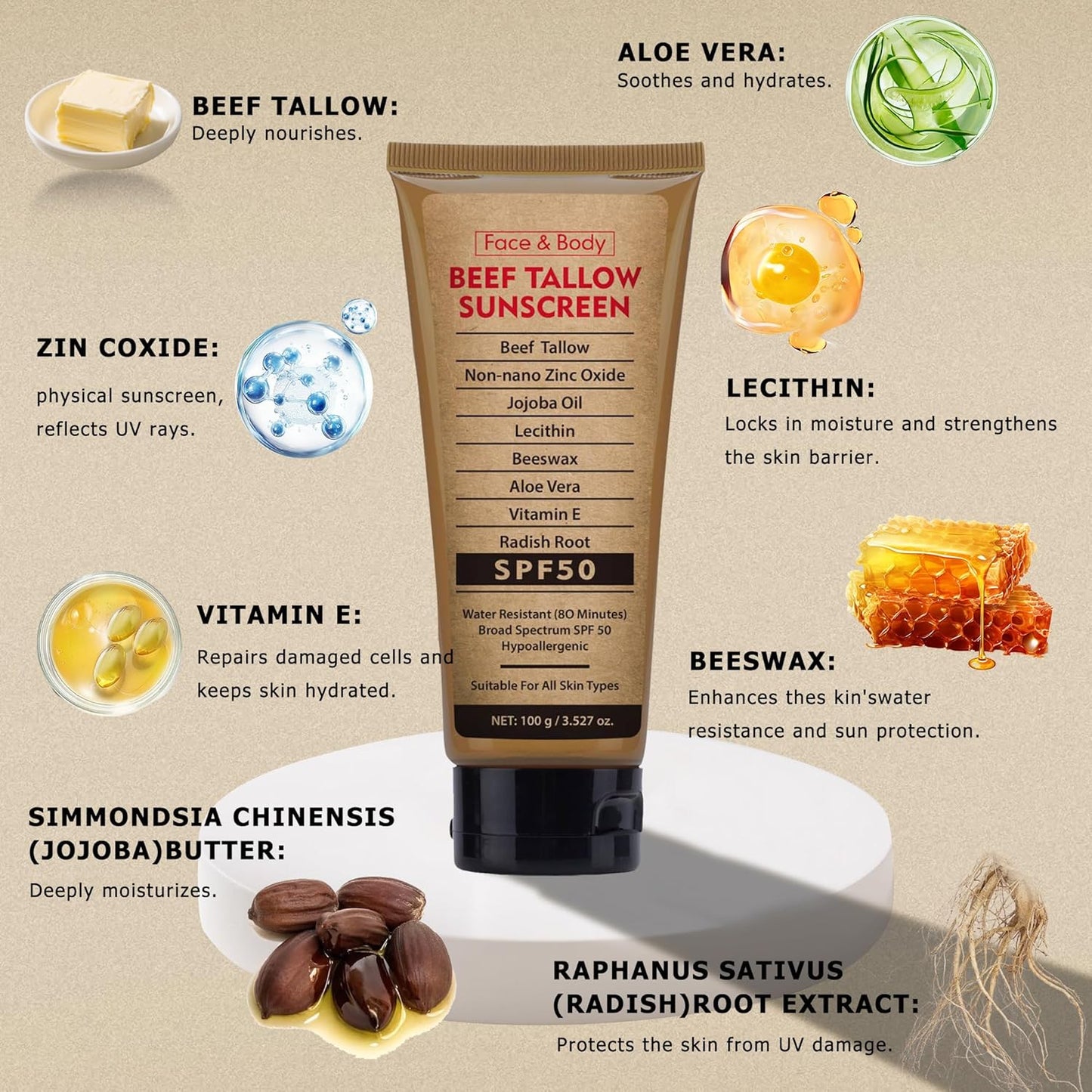 Beef Tallow Sunscreen for Face Body,Tallow Sunscreen SPF 50 Water-Resistant for Summer Outdoor Travel 3.52 OZ