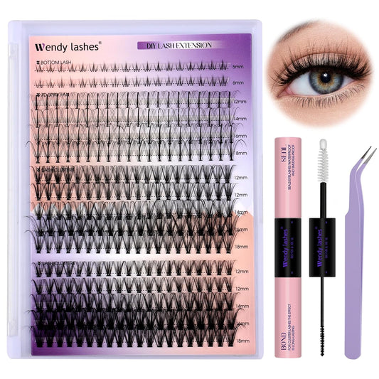 DIY Lash Extension Kit Lash Clusters With Bottom Lashes 20/30/40/50D 12-18mm Multi-types Individual Lashes Bond and Seal, Spike, Volume Lashes Kit Lash Applicator(20/30 Kit)